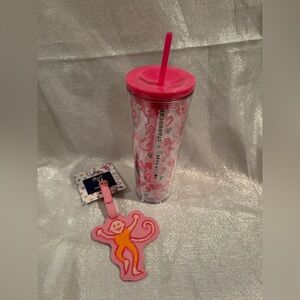 Pink Monkey Roller Rabbit Starbucks Tumbler & Straw - With Luggage Tag